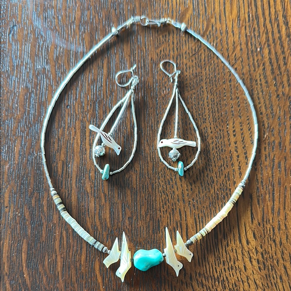 Sterling silver beaded turquoise necklace earring set. Native American vibes